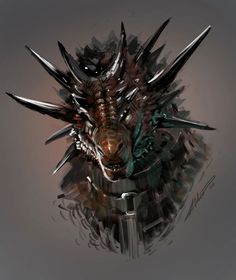 a digital painting of a dragon head with spikes on it