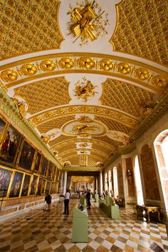 people are walking around in an ornate hall with paintings on the walls and gold trimmings