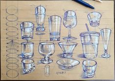 a drawing of glasses and cups on a piece of paper with pencils next to it