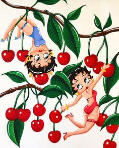 a painting of two women in bikinis hanging from cherries on a cherry tree