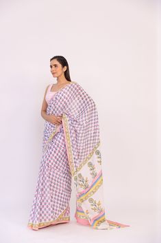 Featuring a powder lilac block printed pre-stitched saree in cotton base. It is paired with a round sqaure neckline blouse. Color: MULTICOLOR FABRIC: COTTON Delivery time 15 to 20 days Block Printed Saree, Look Wide Leg, Stitched Saree, Block Print Saree, Pink Wrap, Pop Up Event, Printed Saree, Thread Work, Work It