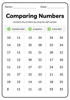 a printable comparing numbers worksheet