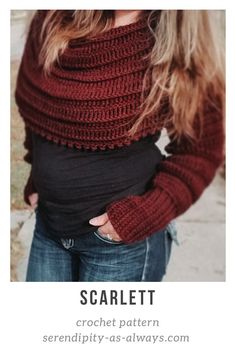 a woman wearing a red knitted sweater with text overlay that reads scarlett crochet pattern serendity - as - always com