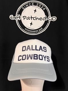 Custom made foam trucker hat! Gray and white in color. Navy Dallas Cowboys sublimation centered.  Mesh back with SnapBack. White Snapback Hat For Fan Gear, White Sports Fan Hat With Letter Print, White Sports Fan Cap, White Hip Hop Hat For Sports Events, White Trucker Hat With Flat Bill For Fan Merchandise, White Baseball Cap For Sports Fans, White Sports Fan Hat For Sporting Events, White Flat Bill Trucker Hat For Fans, White Hip Hop Hat For Baseball Season