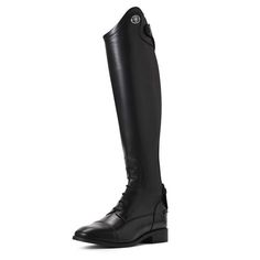 Handcrafted in Italy, Ariat Ravello Tall Riding Boots deliver a glove-like fit in soft, premium Italian calf leather with a supple leather lining. This elegant competition boot reflects impeccable design details, including a high Spanish topline with beautiful cuff and branded hardware and a classic European square toe.A mobility notch behind the knee boosts comfort in riding position, and an ultra-contoured cut through the ankle creates a flattering leg profile. Anatomically eng Dover Saddlery, Used Saddles, Tall Riding Boots, Riding Boot, Liner Socks, Wide Boots, Riding Boots, Calf Leather, The Knee