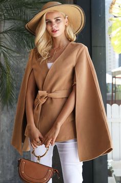 Material: Polyester, Polyester • Sleeve Length (Cm): Full • Style: Batwing Sleeve, Casual • Decoration: Adjustable Waist • Collar: V-Neck • Type: Solid, Belt, Cloak, Wool & Blends Winter Cape Coat, Camel Coat Outfit, Boho Coat, Perfect Coat, Poncho Tops, Capes For Women, Cape Coat, Camel Coat, Belted Coat