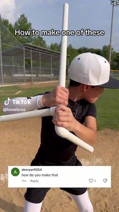 a young boy holding a baseball bat on top of a field with the caption, how to make one of these?