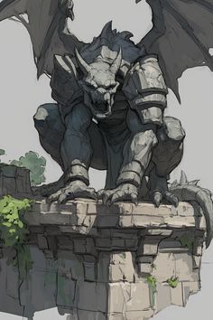 a drawing of a dragon sitting on top of a stone wall