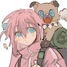 an anime character with pink hair and blue eyes holding a teddy bear in her arms