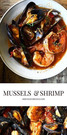 mussels and shrimp in a white bowl on a wooden table with text overlay