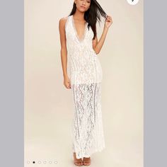 Lulus Exclusive! We Can't Think Of Anything More Lovely Than A Night In The Better With You Ivory Lace Maxi Dress! Floral Lace And Embroidered Trim Tops A Nude Liner As It Shapes A Plunging V-Neck, Darted Bodice, And Open Back With Top Button. Flaring Mermaid Maxi Skirt. Hidden Back Zipper/Hook Clasp. Lined To Mid-Thigh. Self: 90% Nylon, 10% Spandex. Lining: 100% Polyester. Hand Wash Cold. Imported. Style 405772 Fit: This Garment Fits True To Size. Length: Floor Length. Size Small Measures 59" F White Lace Trim Maxi Dress For Date Night, Mermaid Maxi Skirt, Better With You, Maxi Dress Floral, Cream Lace Dress, Embroidered Trim, Trim Top, Lace Maxi, Cream Lace