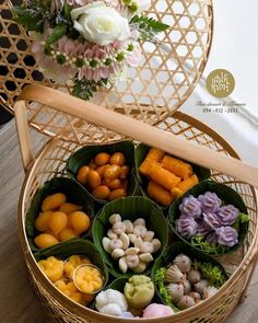 a basket filled with lots of different types of food on top of a wooden table