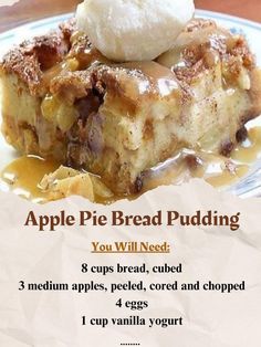 an apple pie bread pudding recipe on a plate