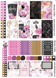 pink and gold planner stickers with hearts, flowers, and coffee cups on them