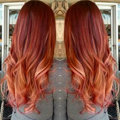 Fiery Red copper pink sunset hair Red Bob Hair, Ombre Hairstyles, Best Ombre Hair, Sunset Hair, Ombre Hair Blonde, Red Hair Don't Care, Long Red Hair, Ombré Hair