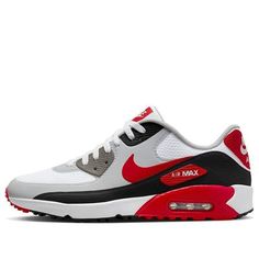 Nike Air Max 90 Golf 'White Black University Red' DX5999-162 Nike Air Max Red Sports Shoes, Red Nike Air Max For Sports With Boost Midsole, Red Nike Air Max With Boost Midsole For Sports, Red Nike Air Max With Air Cushioning, Red Nike Air Max For Sports, Red Nike Air Max With Air Max Cushioning, White Dynamic Nike Air Max For Sports, Sporty Red Nike Air Max With Cushioning, Sporty Red Nike Air Max For Sports