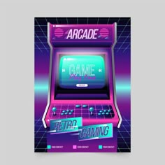 an arcade game poster with the words retro gaming on it's front and back