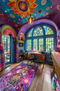 the room is decorated in bright colors and has stained glass windows