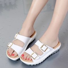 Casual Women Sandals Genuine Leather Summer Flats Shoes Women Fashion Platform Wedges Female Beach Slipper Size 35-43 Beach Shoes Women, Heeled Flip Flops, Flat Heels, Casual Slippers, Women's Slippers, Fashion Sandals, 2024 Fashion, Beach Shoes, Rubber Heels