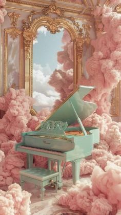 a grand piano surrounded by pink clouds in front of a gold framed mirror and ornate wall