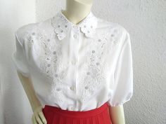 80s embroidered blouse minimalist simple blouse lace button up shirt elegant statement blouse floral lurex embroidery blouse cottagecore top, off-white. measurements lying flat : shoulders :43 cm (17 inches)  bust :58 cm (23 inches)  total length :68 cm (26,5 inches)  sleeve length :29 cm (11,5 inches) Lurex Embroidery, Lace Button Up Shirt, Cottagecore Top, Shirt Elegant, Statement Blouse, Blouse Lace, Lace Button, Simple Blouse, Embroidery Blouse