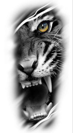 a black and white photo of a tiger's face with it's mouth open