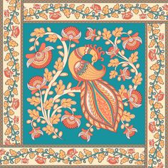 an intricately designed blue and orange floral design with birds on the border, surrounded by leaves