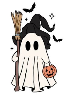 a ghost with a pumpkin and a broom