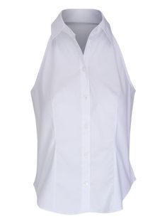 white cotton blend poplin texture classic collar front button fastening sleeveless curved hem Summer Slim Fit Button-up Tops, Slim Fit Button-up Tops For Summer, Slim Fit Tops With Button Closure For Summer, Summer Slim Fit Tops With Button Closure, Summer Slim Fit Buttoned Tops, Elegant Stretch Button-up Top, Chic Slim Fit Collared Blouse, Chic Slim Fit Top For Office Wear, Collared Slim Fit Top For Summer