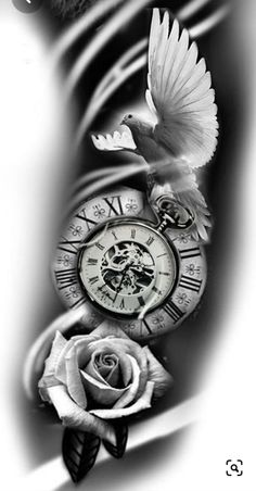 a black and white photo of a man's arm with an old clock tattoo on it