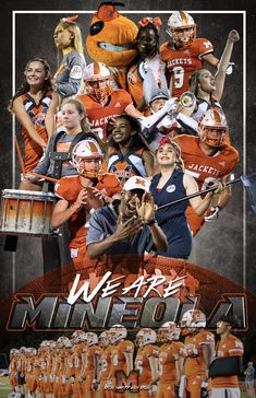 an advertisement for the college football team that is in orange and white with images of people on it