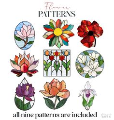 A picture of the Flowers Stained Glass Pattern Pack of 9 from GlassyRock Arts. Poppies Stained Glass Patterns, Stained Glass Line Art, Stained Glass Patterns Round, Stained Glass Flower Patterns Free, Stained Glass Patterns Flowers, Faux Stained Glass Patterns, Stained Glass Flowers Patterns, Rose Stained Glass Pattern, Flower Stained Glass Patterns