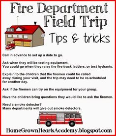 the fire department field trip tips and tricks are shown in red, white and black