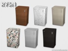 six different types of trash cans in various colors