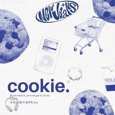 an advertisement for cookies with blueberries and milk in the middle, on a white background