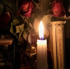 a candle is lit in front of some roses and books on a shelf with an old book