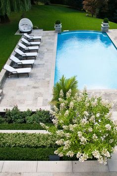 an aerial view of a swimming pool with lounge chairs and trees in the foreground