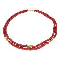 Stunning GIA certified Red Coral double strand necklace with 18k yellow gold accents. Certification: GIA - 2223748913 Metal: 18K Yellow Gold Stamped: "750" Weight: 78.2 grams Chain Length: 22" shortest strand / 23" longest strand Double Strand Necklace, Red Coral, Strand Necklace, Gold Accents, Chain Lengths, Beaded Necklace, Coral, Jewelry Necklaces, Yellow Gold