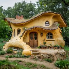 a house made out of clay with plants growing on the roof and in the front