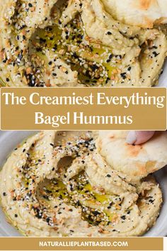 the cremenes everything bagel hummus is in a white bowl with sesame seeds on top