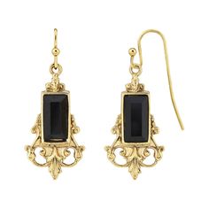 Unique gold tone earrings from 1928 featuring black multi faceted stones. A stylish accessory that is sure to be noticed with its European design and finely crafted detail work. Unique gold tone earrings from 1928 featuring black multi faceted stones. A stylish accessory that is sure to be noticed with its European design and finely crafted detail work. EARRING DETAILS Length: 1.4 in. Backings: fishhook Metal: alloy Plating: gold tone Finish: polished Stone: glass Size: One Size. Gender: female. Elegant Black French Hook Earrings, Black And Gold Jewelry, Black Pendant Necklace, Black Drop Earrings, Hand Of The King, Silver Coat, European Design, Black Pendant, European Designs