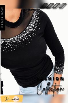 Mesh Insert Studded Blouse P13438 Non-stretch Long Sleeve Party Tops, Glamorous Long Sleeve Winter Top, Non-stretch Party Blouse, Stretch Tops For Evening Wear In Winter, Stretch Tops For Evening And Winter, Stretch Tops For Evening In Winter, Stretch Evening Tops For Winter, Elegant Stretch Blouse For Winter, Stretch Long Sleeve Tops For Party