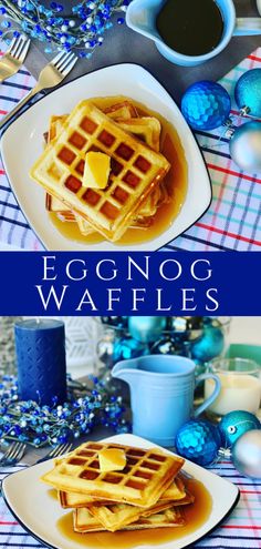 eggnog waffles on a plate with syrup and blue baubles