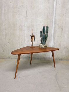 a wooden table topped with a potted cactus next to a small plant on top of it