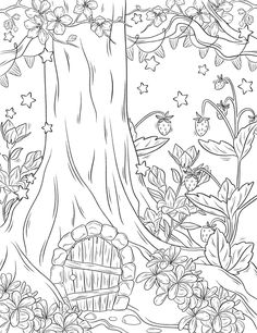 a coloring page with flowers and trees in the background for children's art work