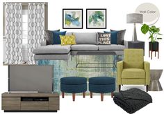 a living room filled with furniture and decor in shades of blue, green, yellow and grey