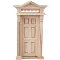 a wooden door with a small roof on the top and bottom part of it, against a white background