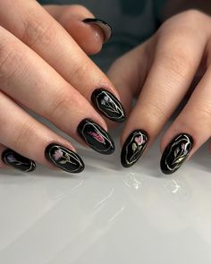 Dark Floral Nail Designs, Dark Floral Nails, Nail Design Floral, Acubi Nails, Isolated Chrome, Dark Nail Designs, Dark Florals, Witchy Nails, Dark Nails