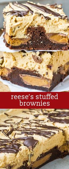 reese's stuffed brownies are stacked on top of each other with chocolate drizzle