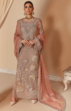 Pakistani Pink Dress in Kameez Trouser Dupatta Style is an Embellished masterpiece adorned with Embroidery, Zardosi, Dabka, Gota, and Swarovski details. Wedding Dupatta, Dupatta Style, Upscale Fashion, Pakistani Party Wear, Raw Silk Fabric, Pakistani Wedding Dress, Buy Dresses Online, Fabric Embroidery, Pakistani Wedding Dresses